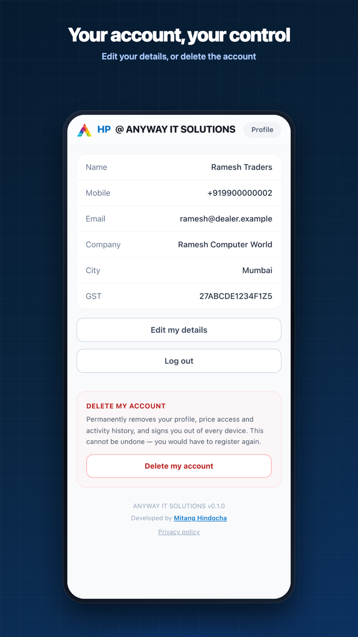 Your account, your control — edit your details or delete the account