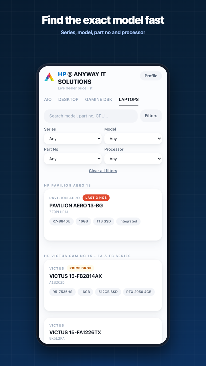 Find the exact model fast — filter by series, model, part no and processor