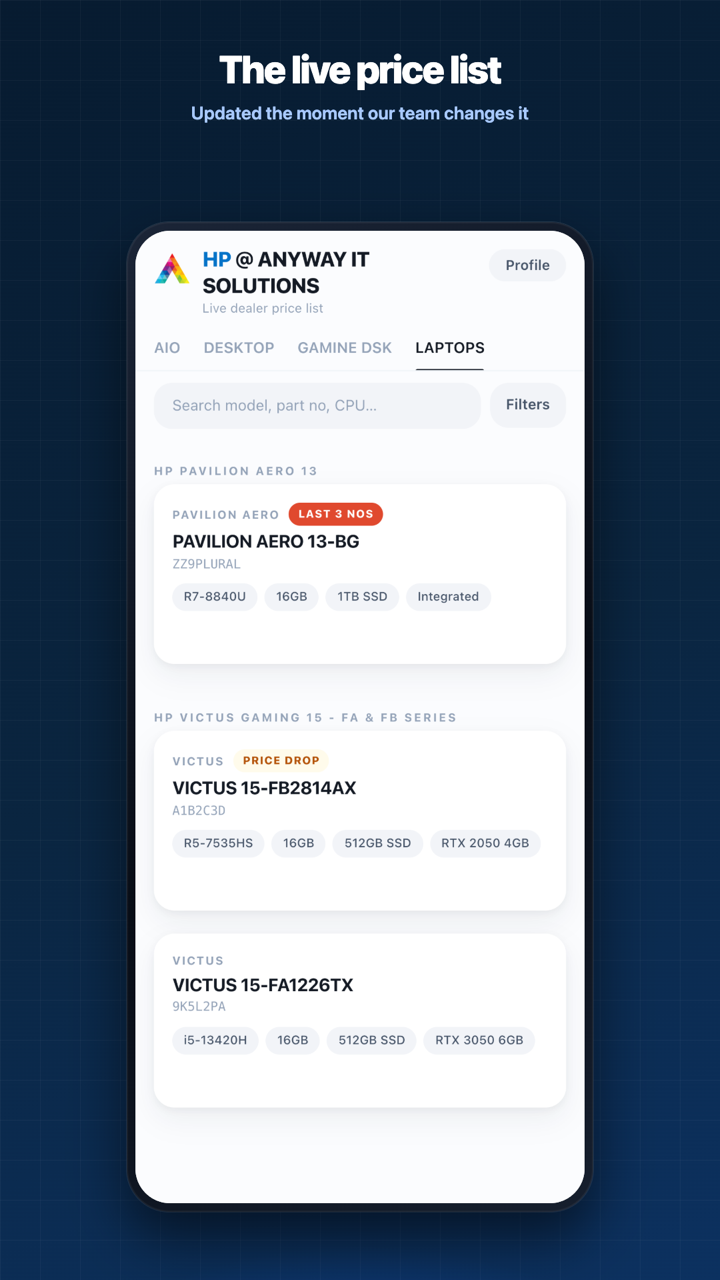 The live price list — updated the moment the team changes it