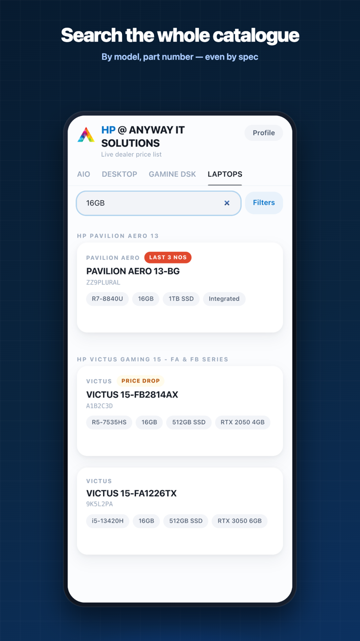 Search the whole catalogue — by model, part number, even by spec